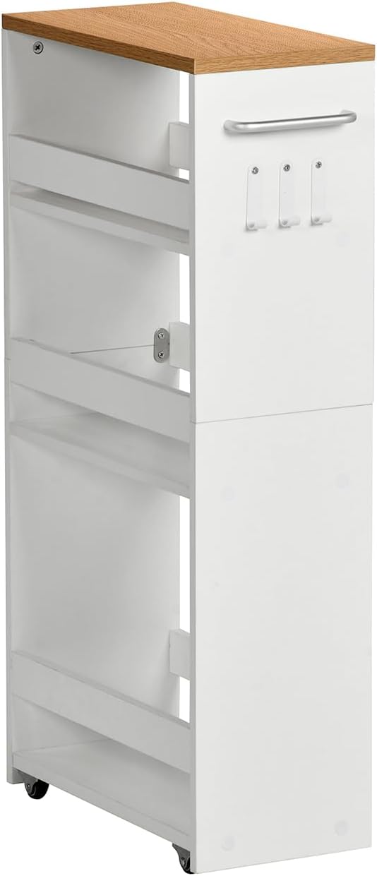 Chariot de rangement - étroit 20cm, 4 niveaux, roulettes, poignée, crochets