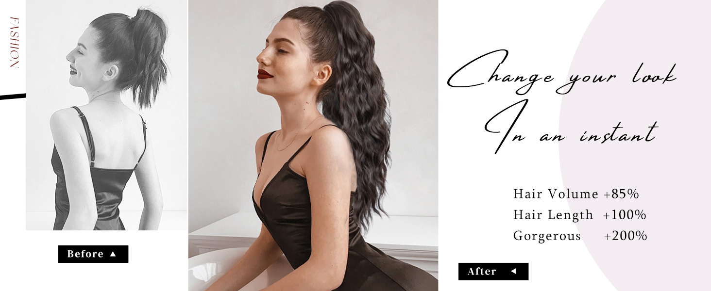 Comparaison avant et après les extensions de cheveux. Montre une augmentation du volume et de la longueur. Le texte indique 85 % de volume en plus, 100 % de longueur en plus et 200 % de beauté en plus.