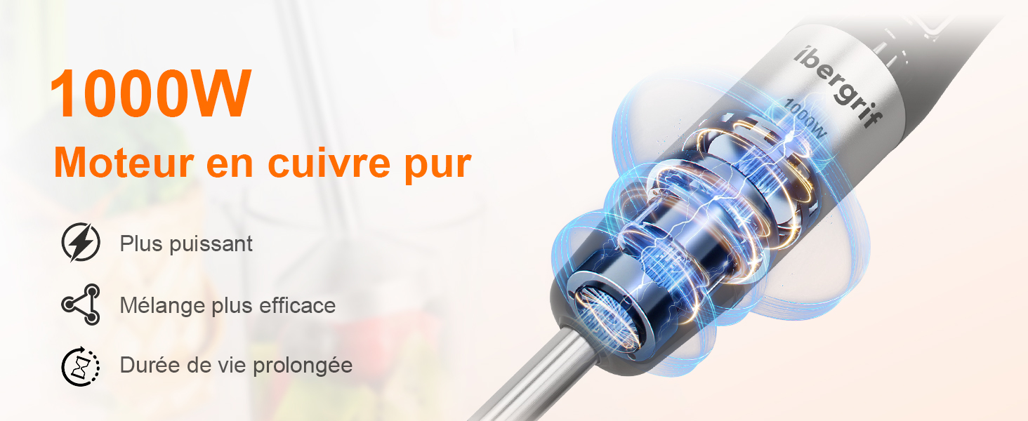 Le texte indique « 1000W » et « Moteur en cuivre pur ». Images techniques de produits montrant un moteur ou un composant mécanique de couleur cuivre avec des spécifications détaillées en français.