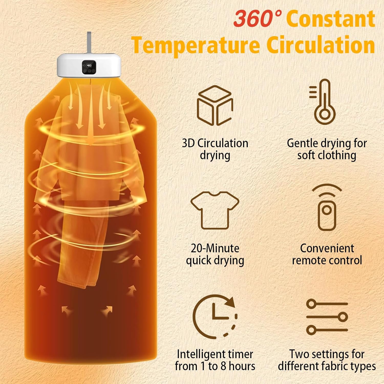 Sèche-linge portable pliable, minuterie 8h, UV, LED, chauffage PTC