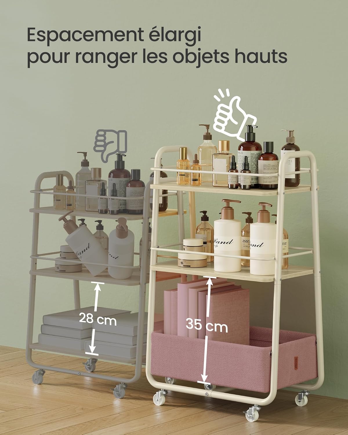 VASAGLE - LILEA Collection - chariot 3 niveaux, étagères tissu, beige/blanc, LRC001LL02