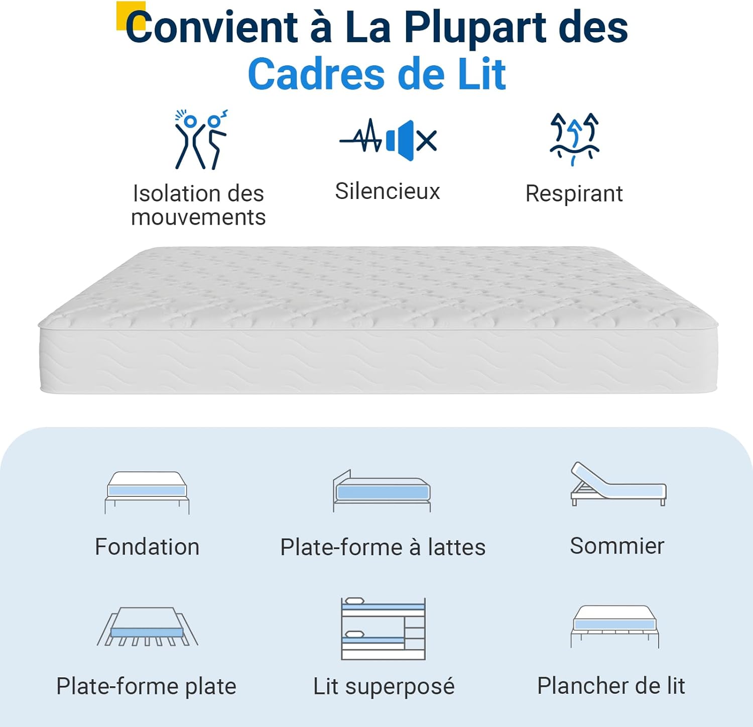 Avenco - Matelas double série confort - 160x190 cm - Ressorts ensachés, mousse double, isolation mouvements, CertiPUR-US