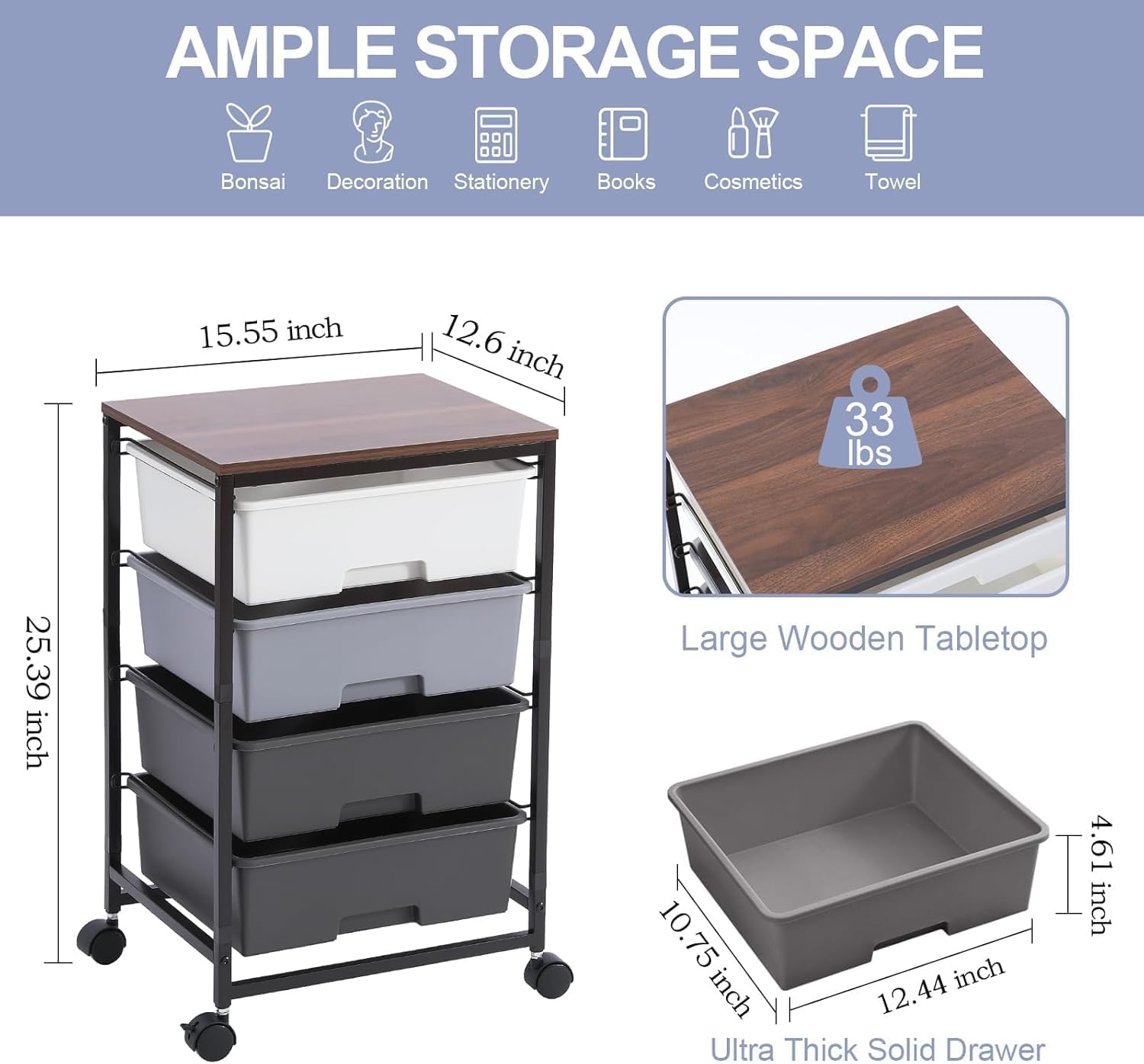 Chariot de rangement - 4 tiroirs, roulettes, plateau bois, gris, grande capacité