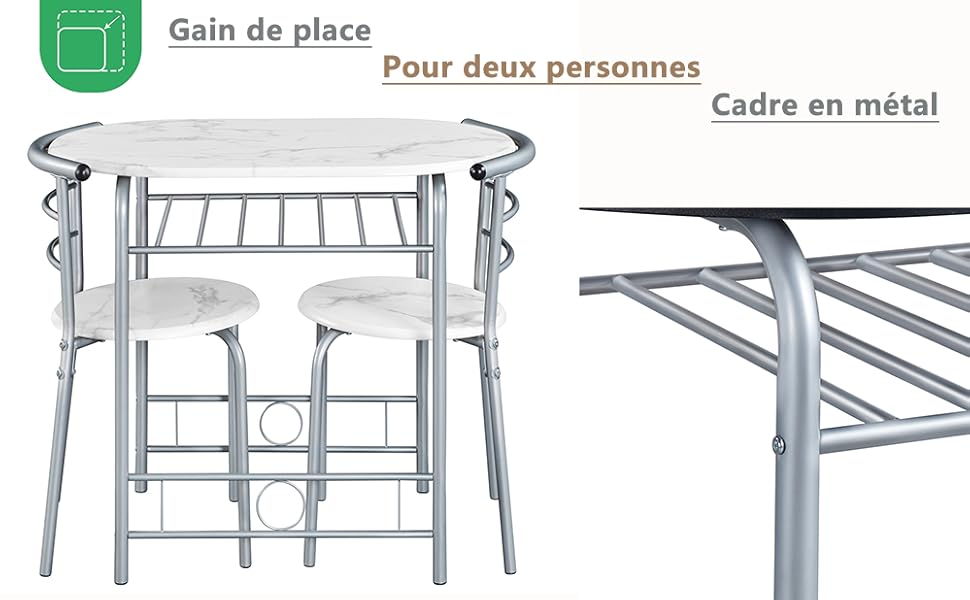 pour deux personnes comprenant une table et des chaises de style bistro avec structure métallique et étagère de rangement intégrée