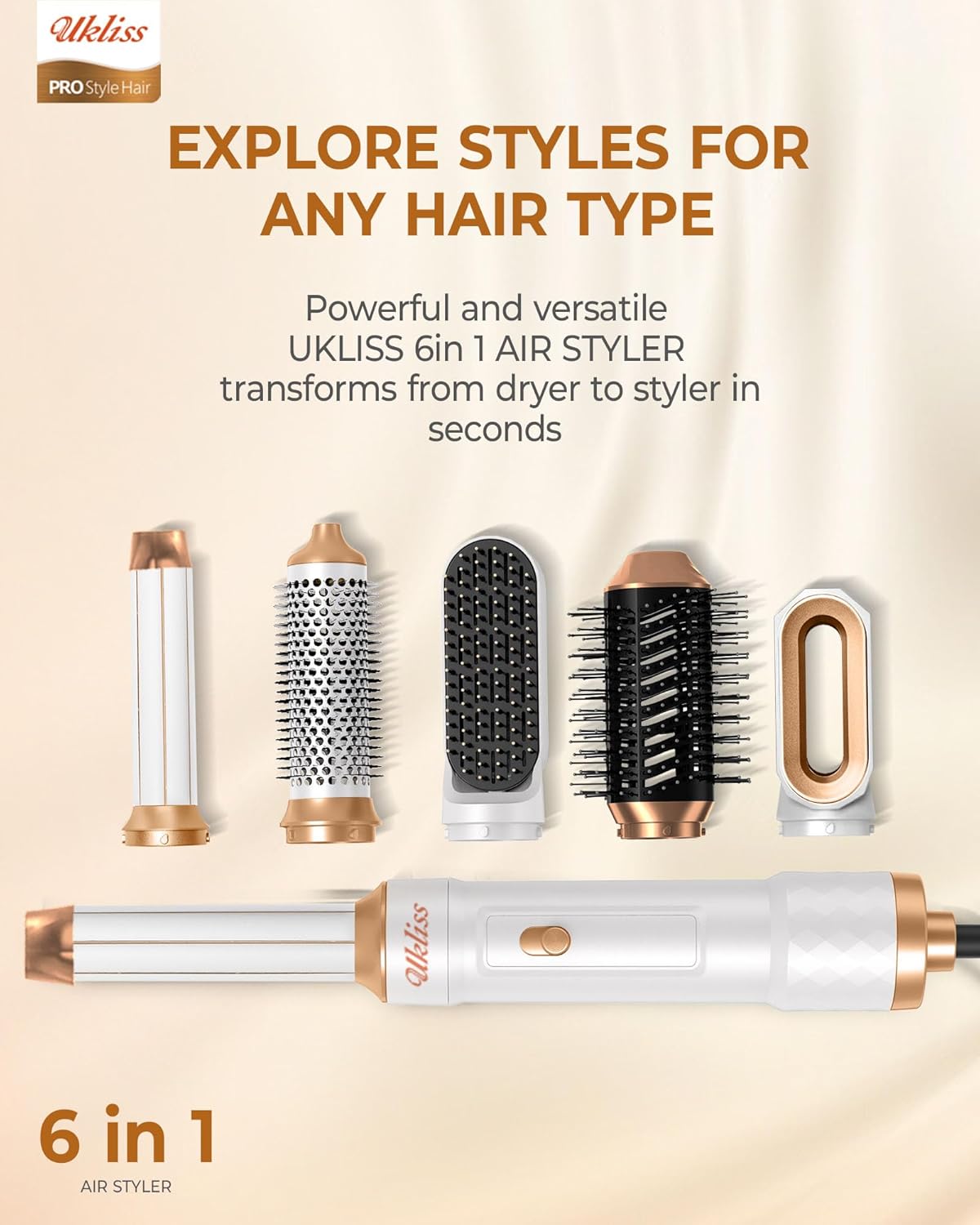 UKLISS - Air Styler 6 en 1 - brushing ionique, boucleur, lisseur, brosse chauffante