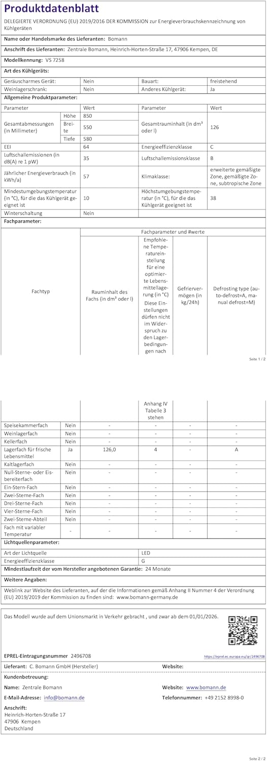 Bomann - VS7258 - 126L inox, classe C, compact, réfrigérateur économique