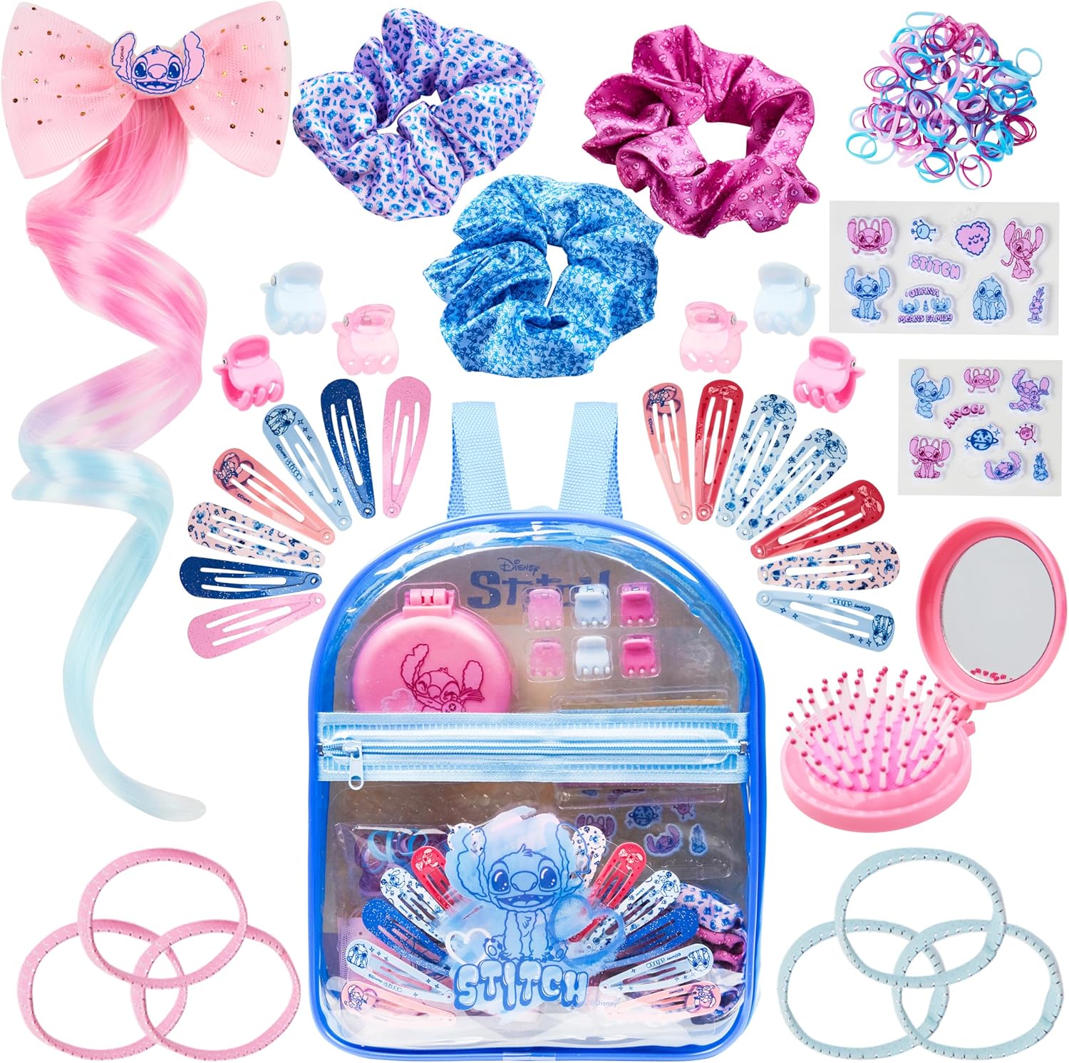 Get Trend - Coffret accessoires cheveux Stitch - sac à dos, barrettes, stickers, brosse pliante, chouchous
