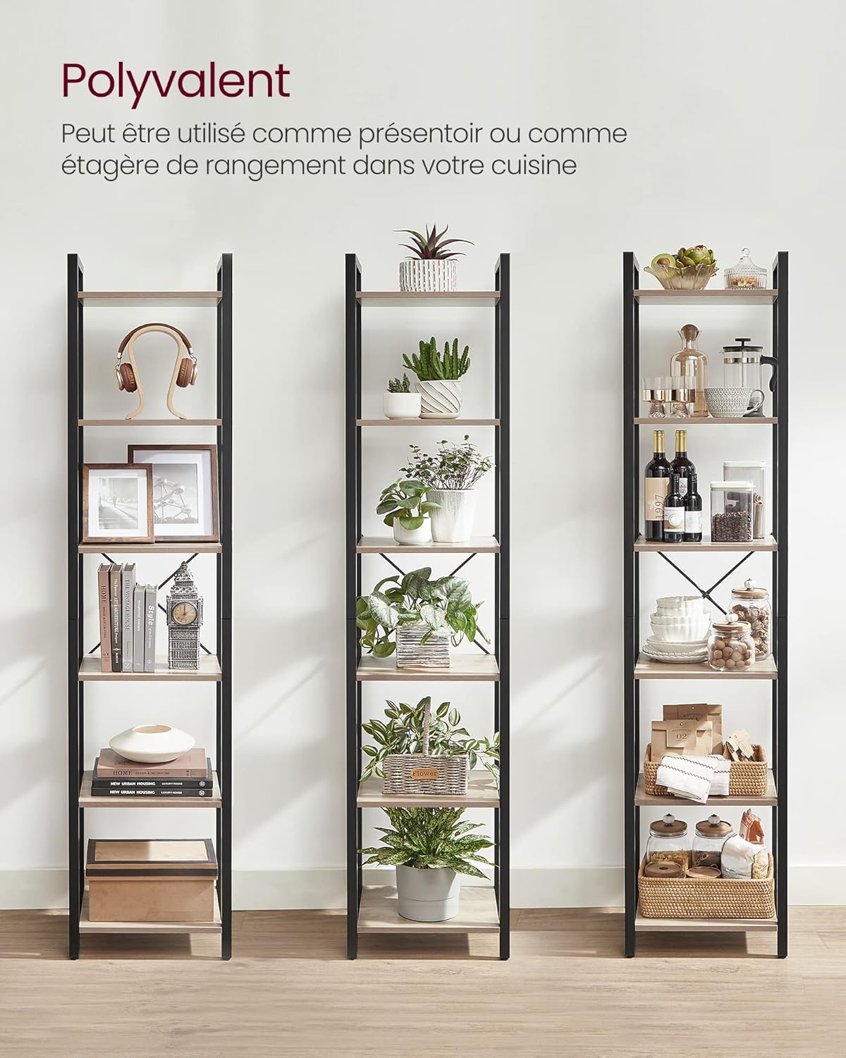 VASAGLE - étagère industrielle 6 niveaux, 30x40x187,5 cm, rangement bureau-salon-chambre, LLS101B02