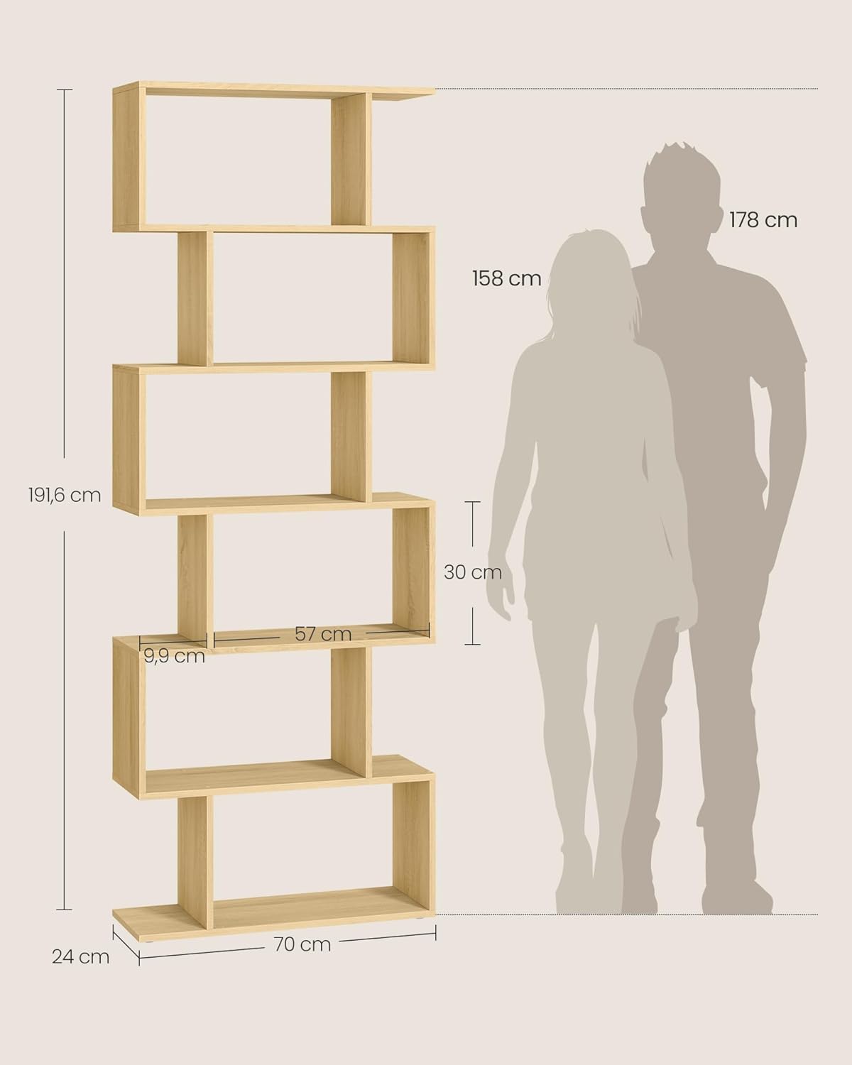 VASAGLE - bibliothèque 6 niveaux - 24x70x191 cm - chêne naturel - LBC061T70