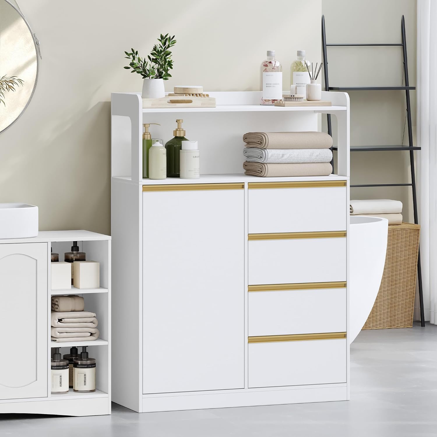 Meuble Salle de Bain - rangement 4 tiroirs, étagères réglables - 30x80x110 cm