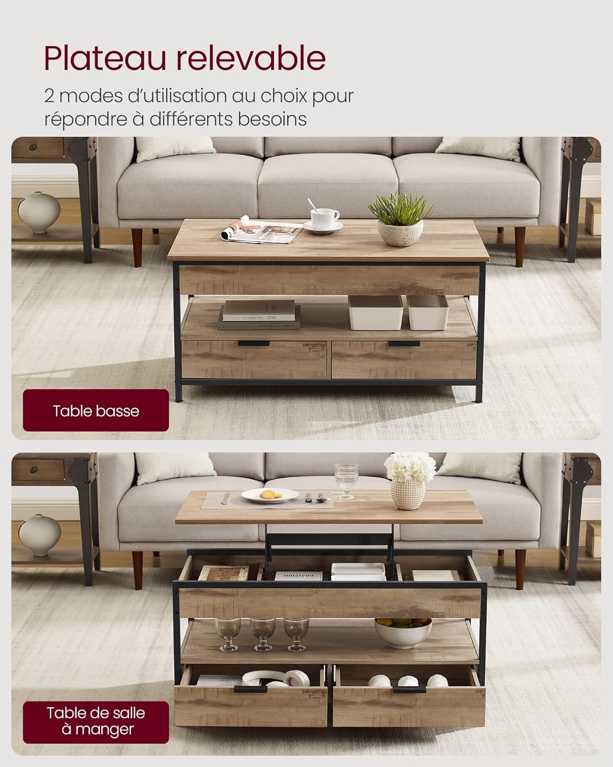 VASAGLE - Table basse, plateau relevable, rangements, marron/noir, LCT209K02