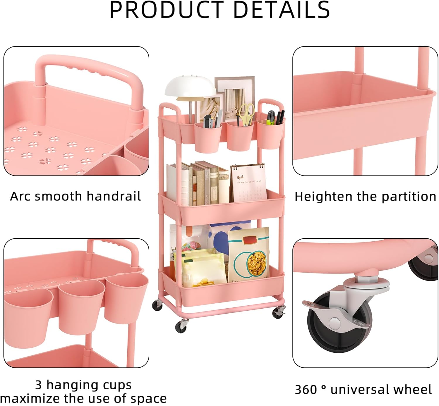 JIUYOTREE - chariot rangement 3 niveaux, roulettes, poignées, gobelets, 78x44x36 cm, rose