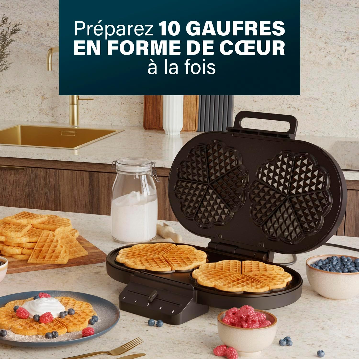 Princess - Gaufrier Cœur, 10 gaufres, 1200W, thermostat, 132384