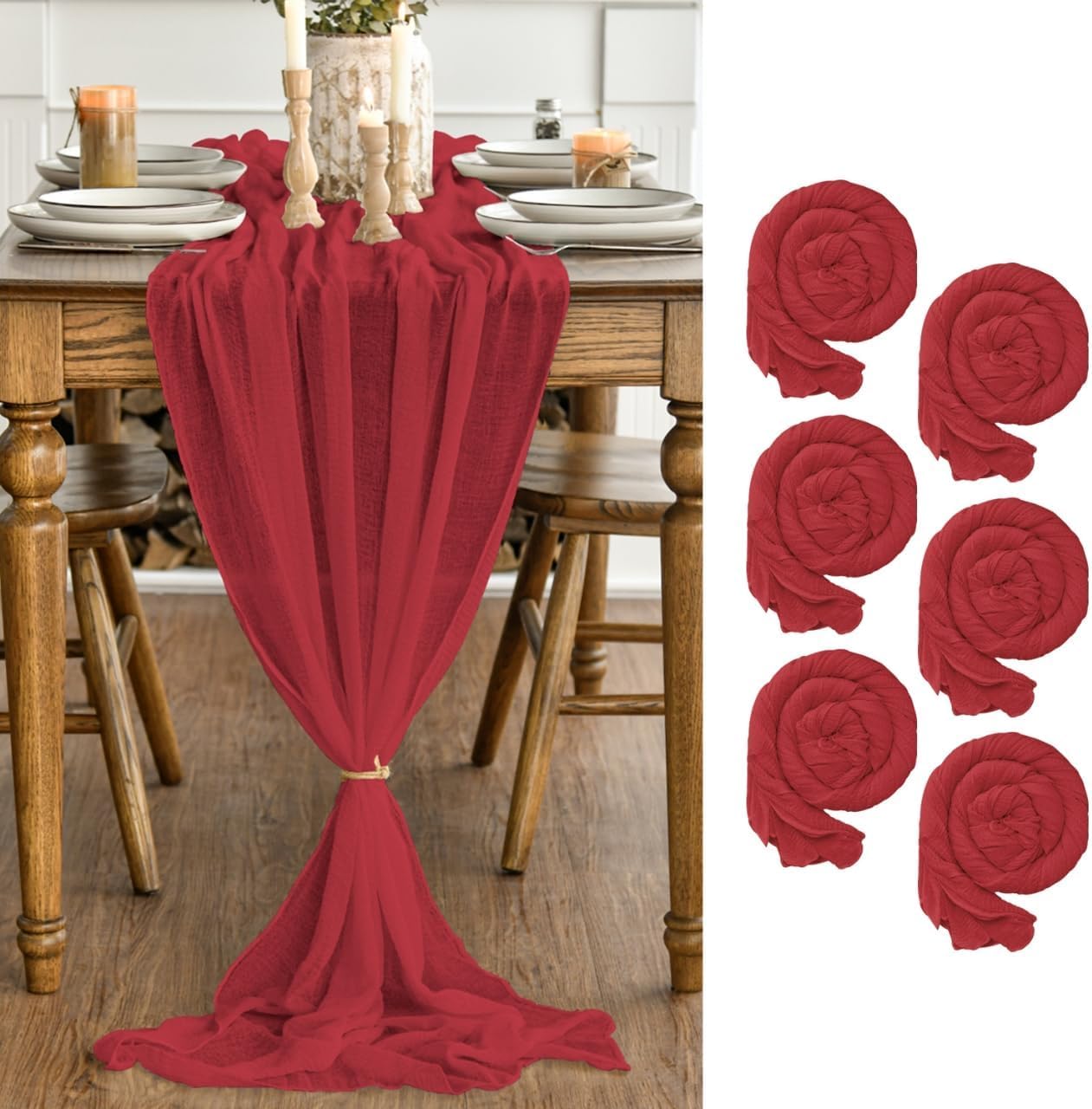 Artoid Mode - chemins de table bohême - 300 cm - mousseline rouge, lot de 6