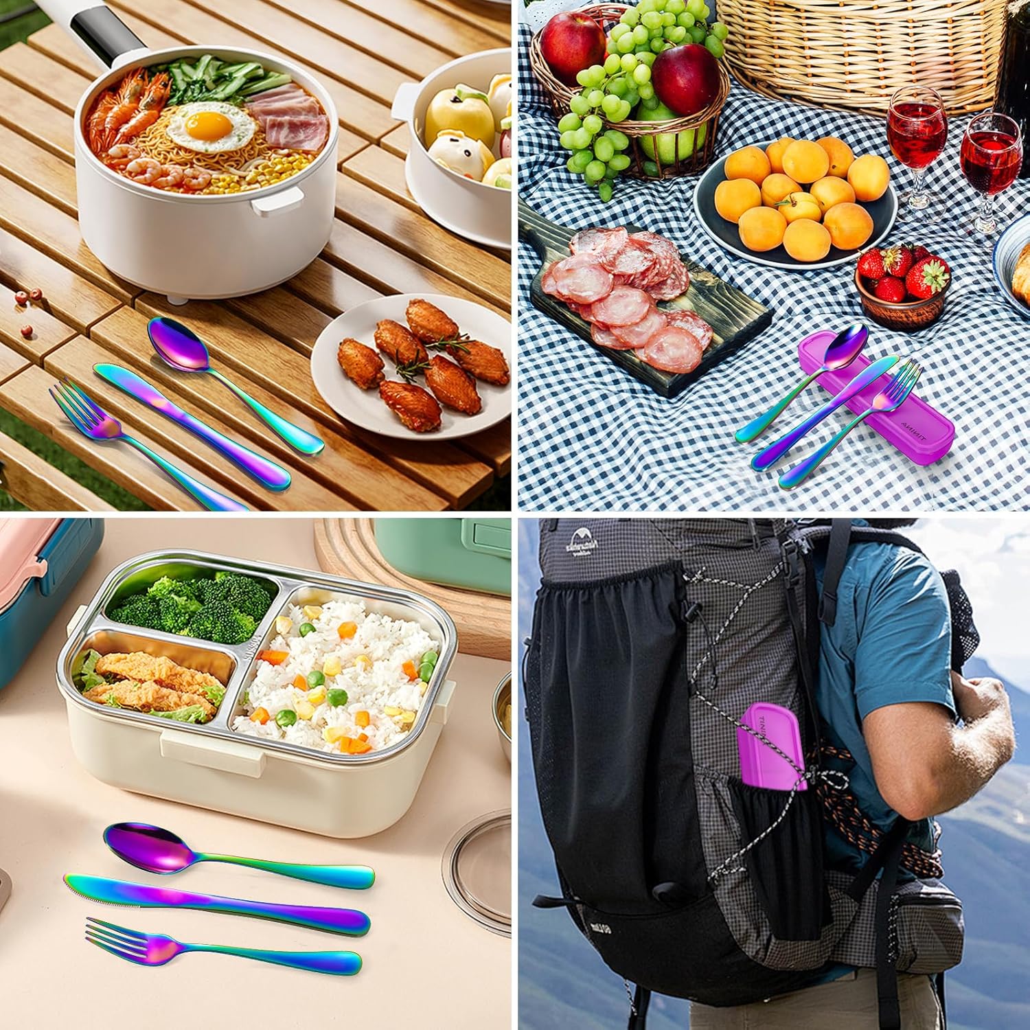 Couverts de camping portatifs inox, étui renforcé, arc-en-ciel, lavable