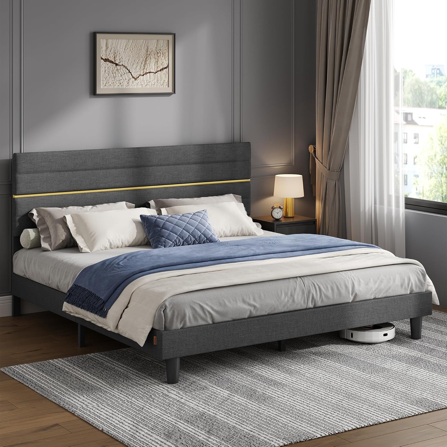 VASAGLE - lit double rembourré, 180x200 cm, métal, bois, gris, RMB508G01V1