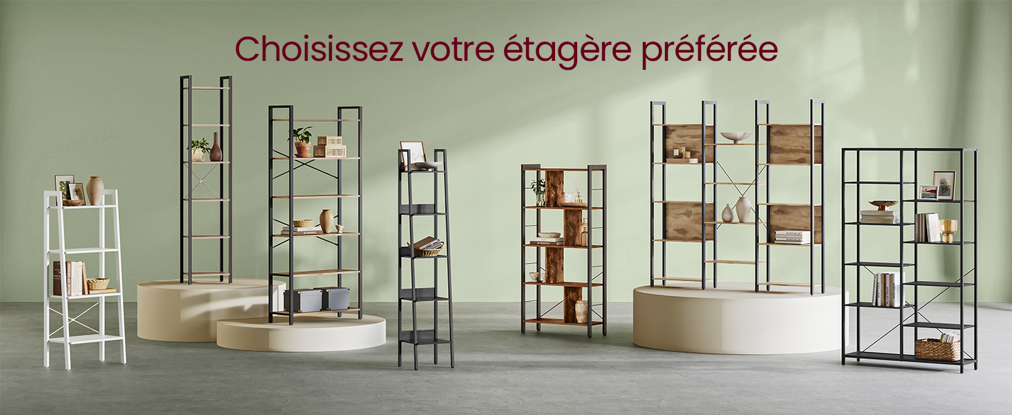 Collection de différentes étagères et bibliothèques. Différents styles, hauteurs et matériaux présentés. Le texte en français mentionne le choix d'une étagère préférée.