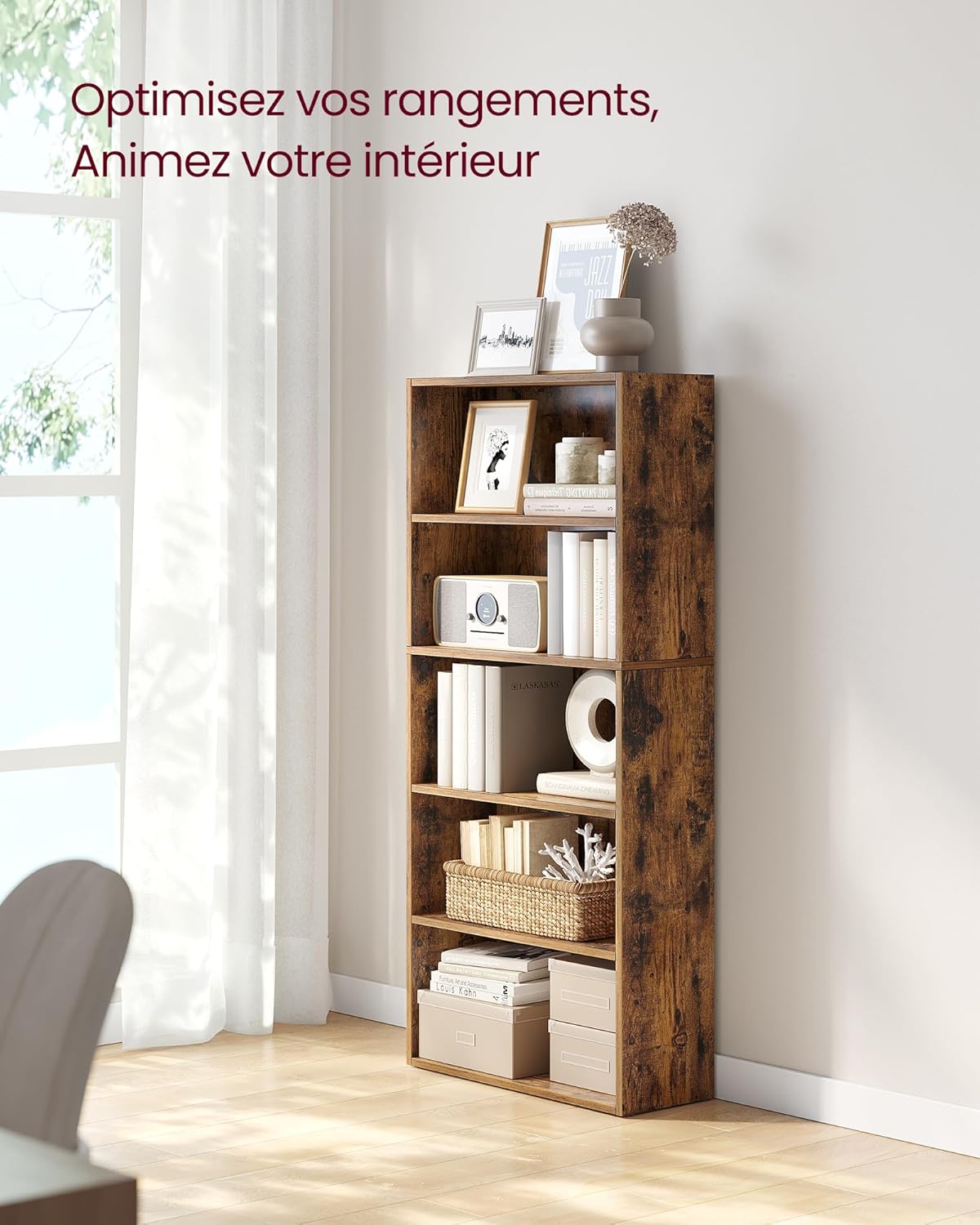 VASAGLE - Bibliothèque (LBC165X01) - 24x60x134,2 cm - 5 niveaux, marron rustique