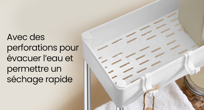 Le texte se lit comme suit : « Avec des perforations pour évacuer l'eau et permettre un séchage rapide ». Système de rangement perforé blanc illustré monté au mur avec divers accessoires d'organisation.