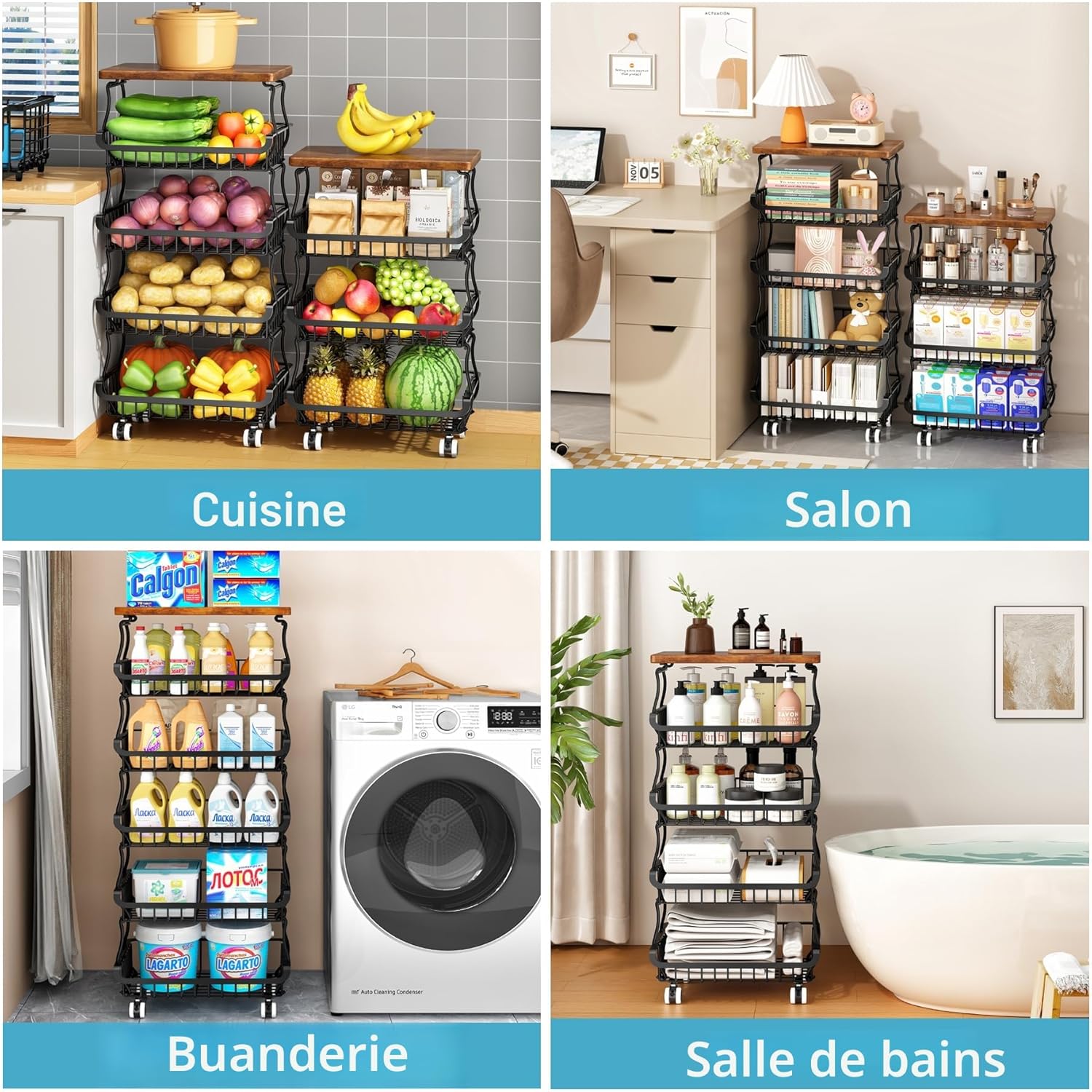 Corbeille à fruits et légumes - 5 niveaux, métal, empilable, roulettes, rangement cuisine