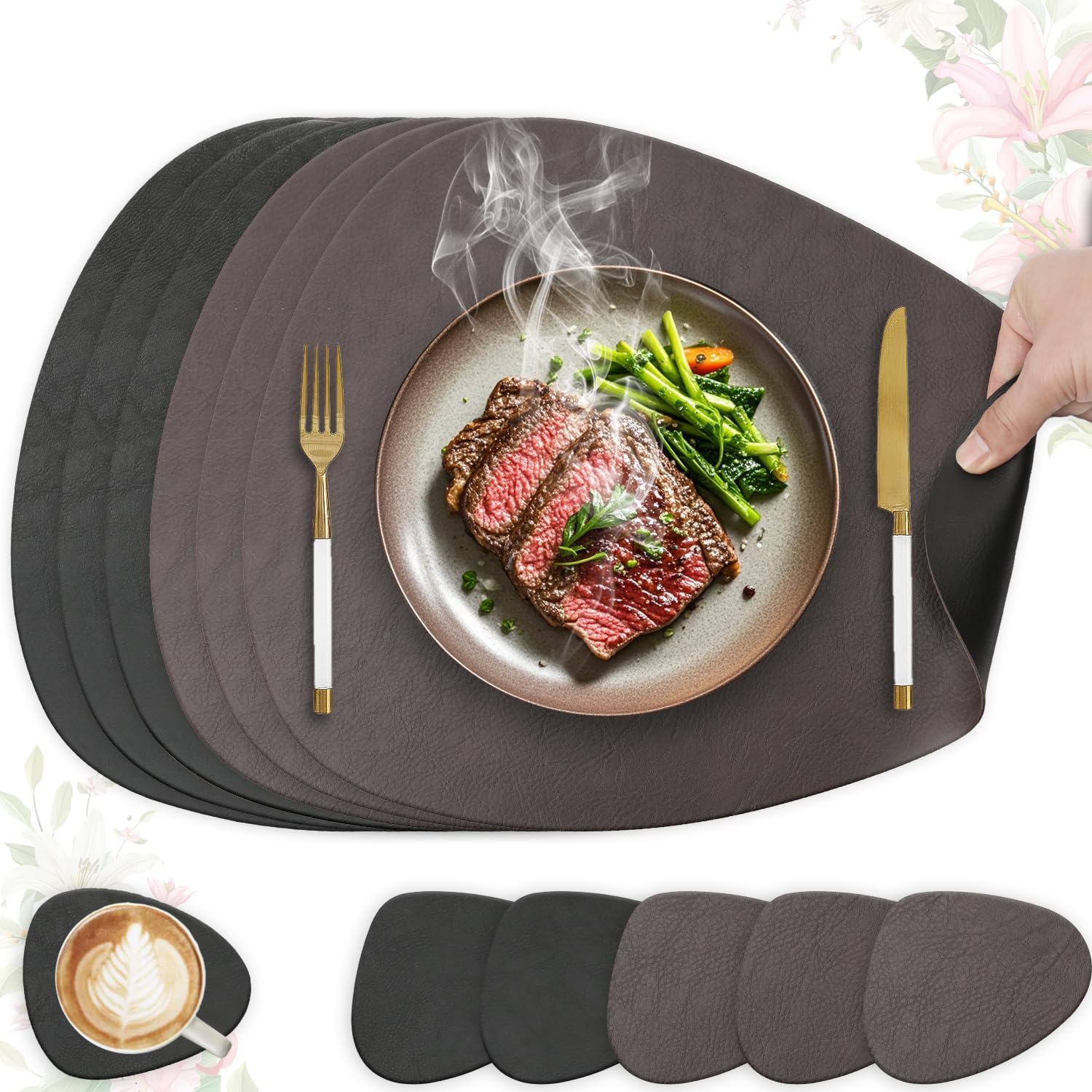 Set de table - lot de 6, cuir PU, ovale 41x33cm, lavable, antidérapant