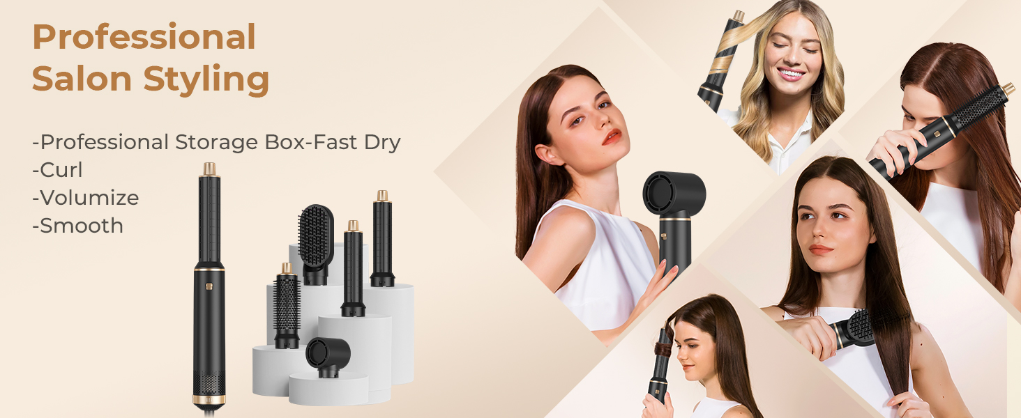 comprenant des outils cylindriques noirs avec divers accessoires. Le produit prétend offrir des capacités professionnelles de coiffage en salon, de séchage rapide, de bouclage, de volume et de lissage