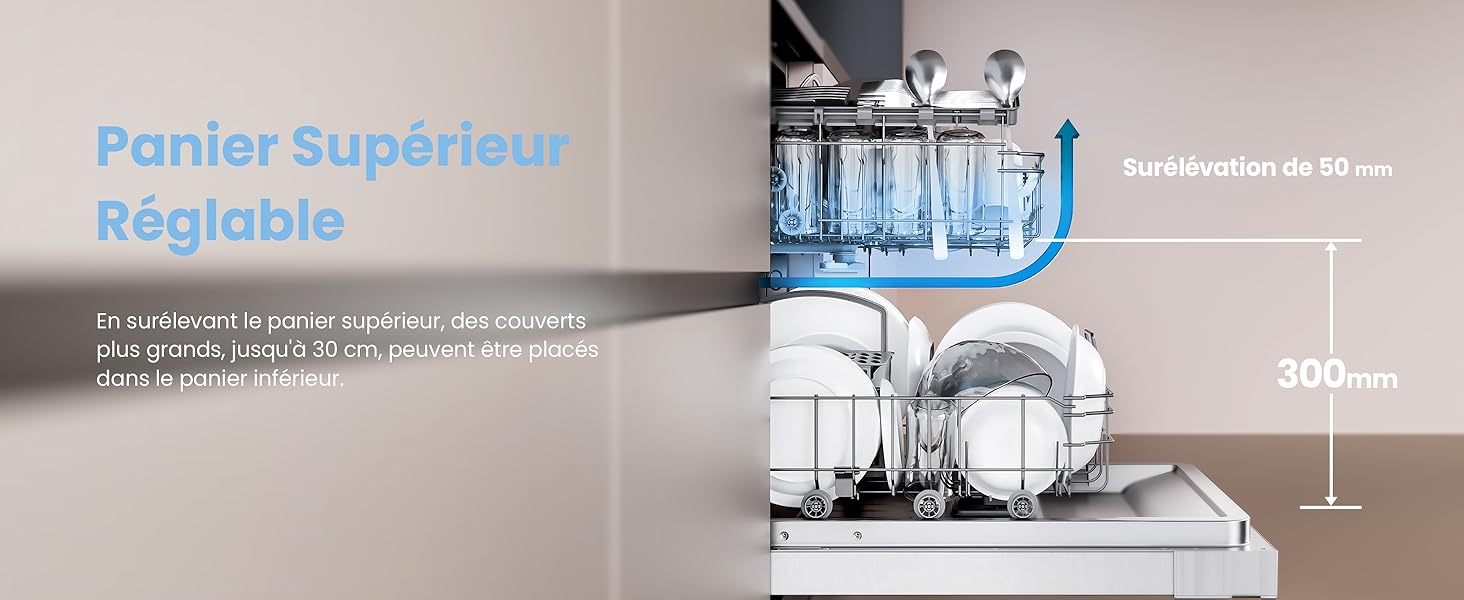 Intérieur du lave-vaisselle avec panier supérieur ajustable avec lunettes. Le schéma illustre la plage de réglage de la hauteur de 30 mm et la hauteur totale du rack de 300 mm
