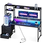 Coleshome Bureau Gaming avec Étagère et Tiroirs, Bureau Gamer avec Éclairage LED & Prise Intégrée...