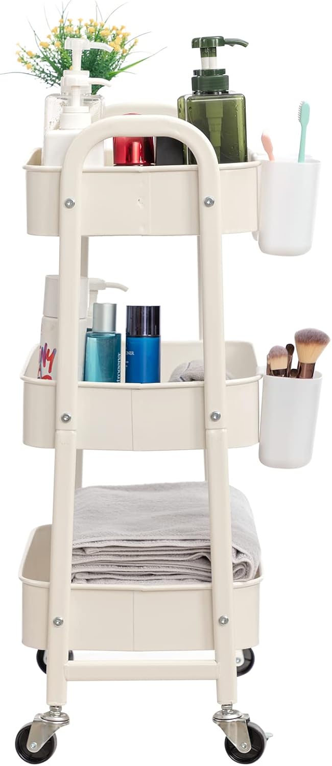 DOEWORKS - Chariot métal 3 niveaux à roulettes, blanc, rangement multiusage