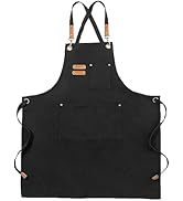 Tablier en toile noire avec bretelles croisées, poches multiples et détails en cuir marron. Comprend une sangle de cou et des liens de taille réglables pour un ajustement personnalisable.