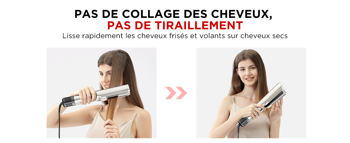 Guide de coiffure présentant les techniques de lissage correctes et incorrectes. Deux images montrent l'utilisation correcte d'un fer à repasser sans arracher ni arracher les cheveux