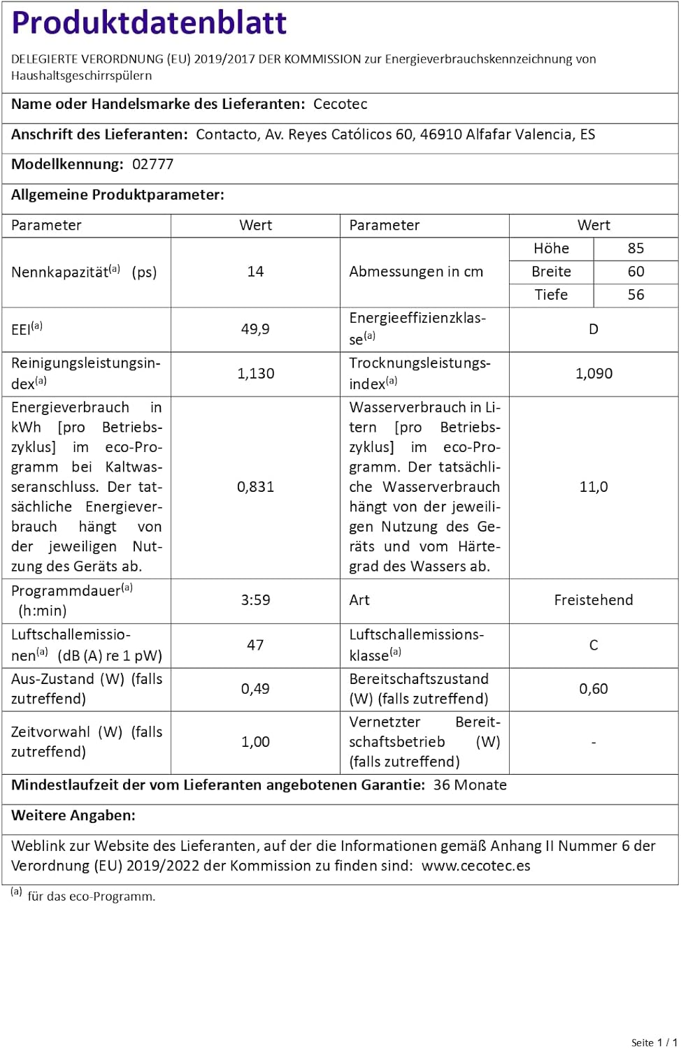 Cecotec - Bolero Aguazero - 60 cm - 14 couverts, 6 programmes, Turbo Dry+