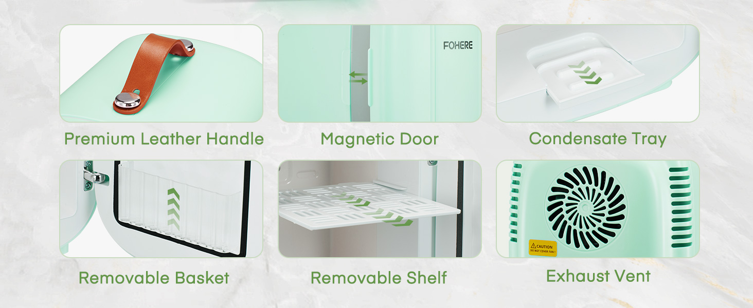 Schéma des caractéristiques du produit montrant six composants : poignée en cuir, porte magnétique, bac à condensat, panier amovible, étagère amovible et évent d'échappement