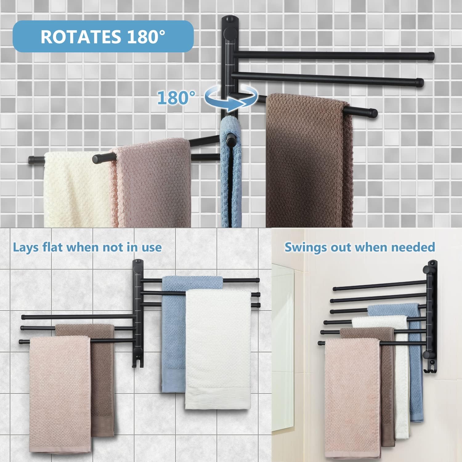 JSVER - porte-serviette 6 barres rotatives inox 180° - mural - Sèche-serviettes noir - SUS304