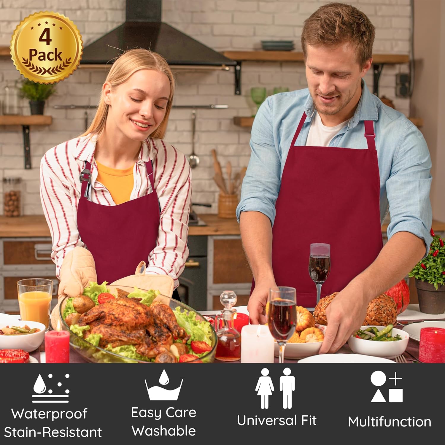 atopo - pack de 4 tabliers chef - étanches, réglables, 2 poches, pour cuisine et barbecue