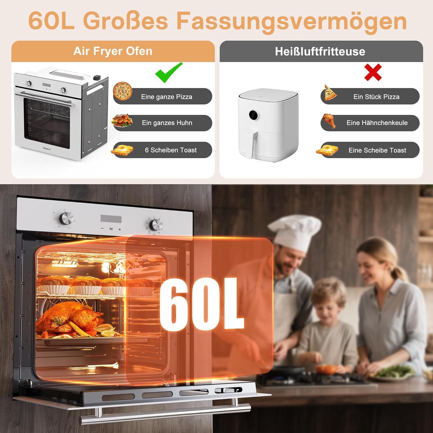 Disaenvir - four encastrable 60cm, 60L, 9 fonctions, grill, 2200W