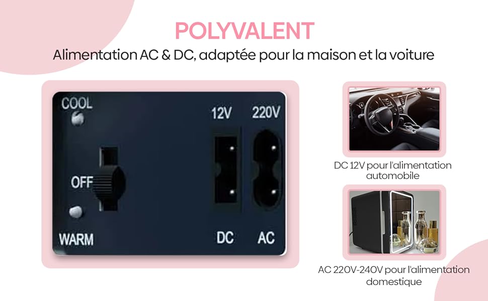 Panneau de commande d'un adaptateur secteur polyvalent avec options AC/DC, affichant les réglages 12 V et 220 V pour une utilisation dans les maisons