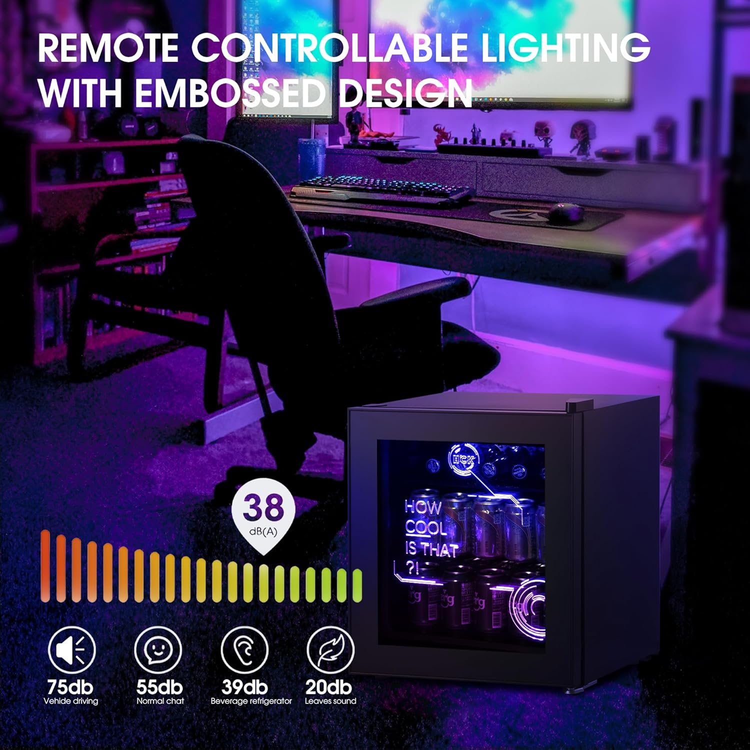 HCK - Mini Frigo Cyberpunk - 48L - Éclairage LED, 0-15°C, silencieux