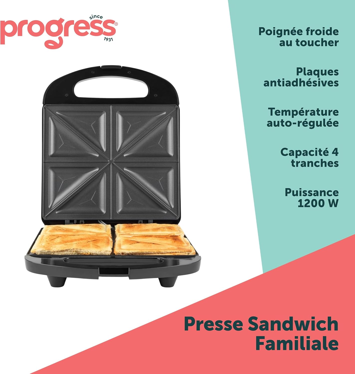 Progress - appareil à croques 4 tranches - 1200W, antiadhésif, poignée froide