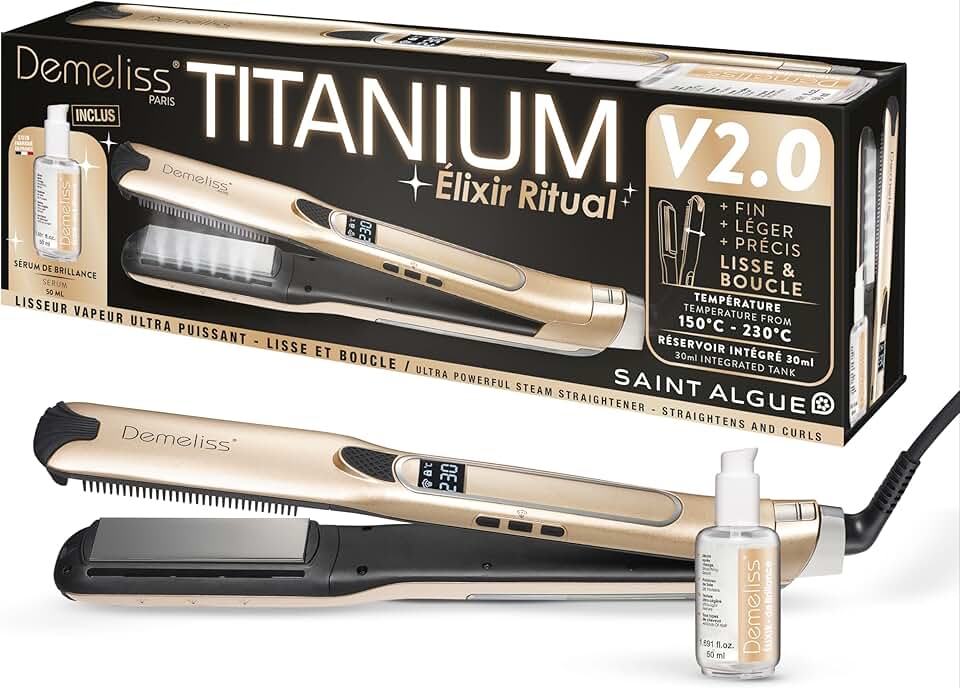 Demeliss - Lisseur vapeur Titanium V2.0 - plaques fines, 30ml, 5 températures, écran digital