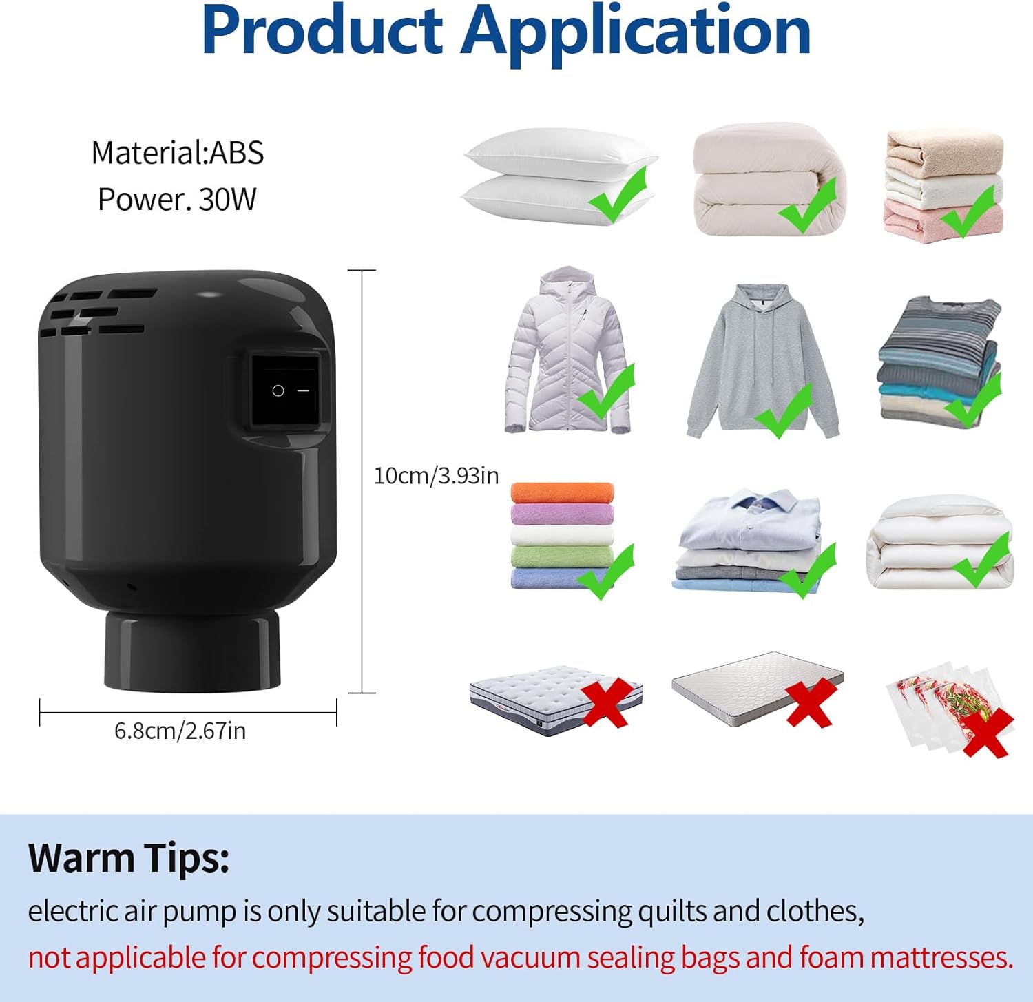 Pompe à air électrique portable 55W 220V, rangement vêtements BALCK