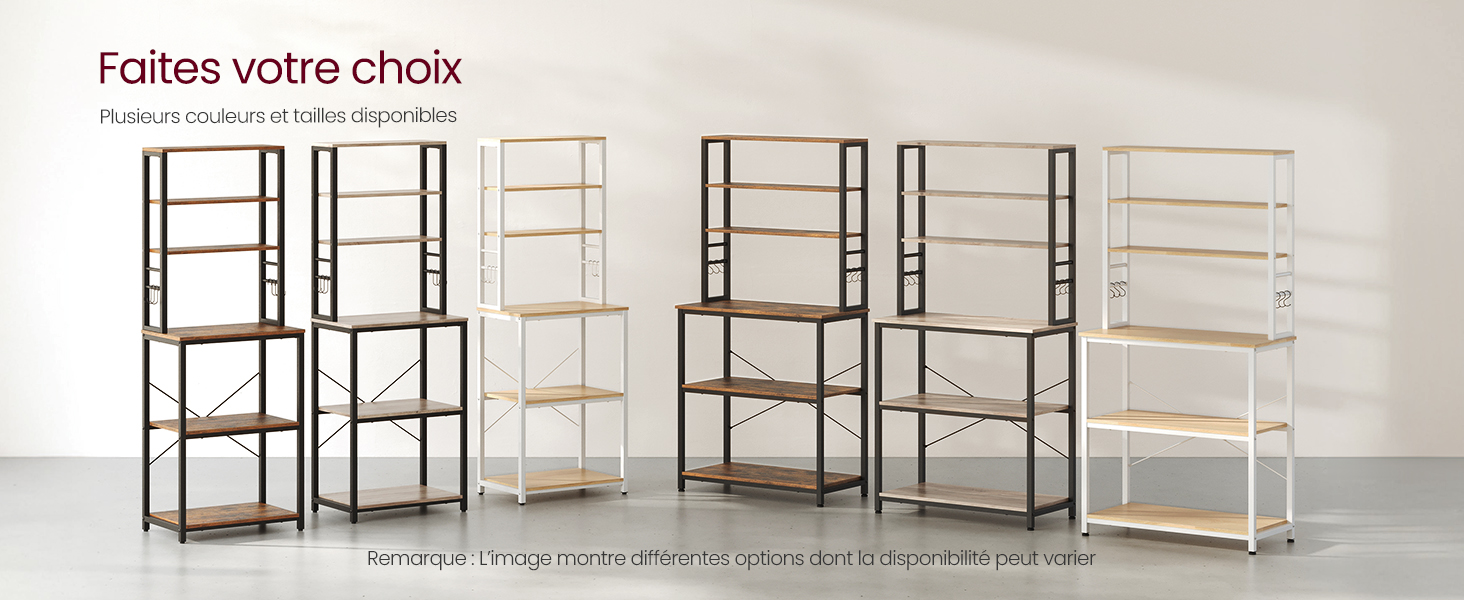 Collection d'étagères modulaires présentées dans différentes configurations, avec des cadres métalliques à plusieurs niveaux de différentes largeurs