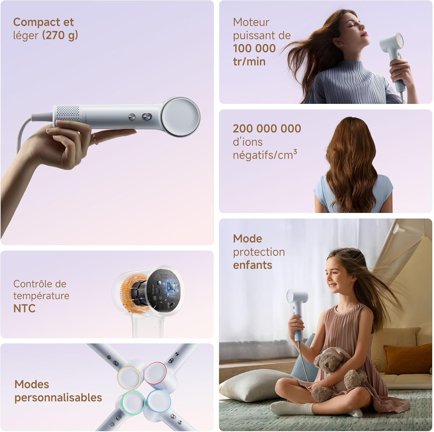 DREAME - Mini Flow - 270g - séchage rapide, moteur 100 000RPM, ions, 5 modes