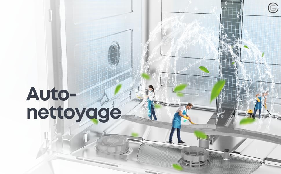 Illustration montrant un système de nettoyage automatisé avec pulvérisateurs d'eau et mécanismes de nettoyage dans un environnement industriel ou commercial étiqueté « Auto-nettoyage