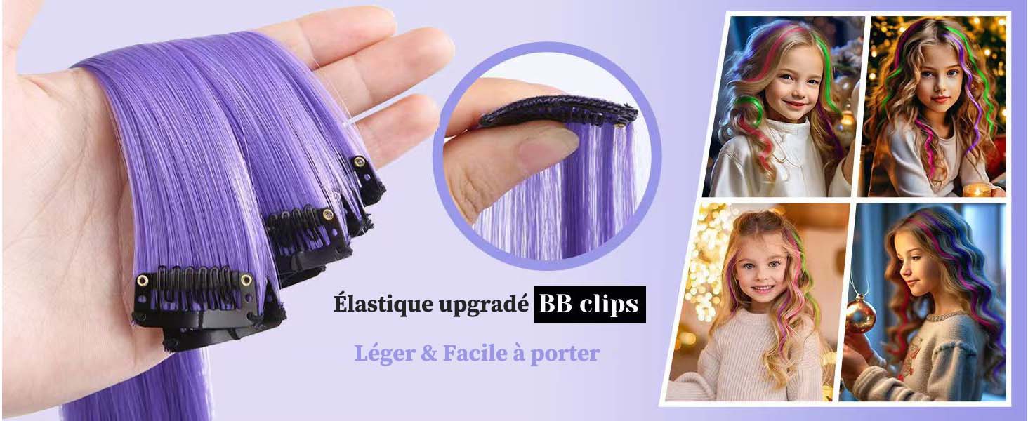 Pinces à extensions de cheveux violettes avec attaches noires montrées sur une main et en gros plan. Quatre photos montrent différentes coiffures avec des extensions sur les modèles