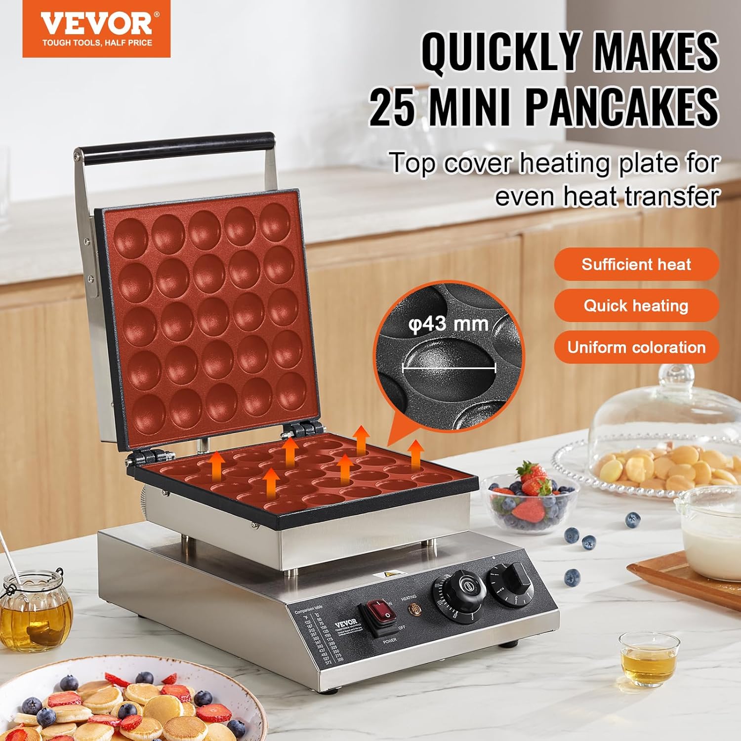 VEVOR - Appareil à Pancake, 25pcs, 43mm - inox, 1700W, temps/température réglables