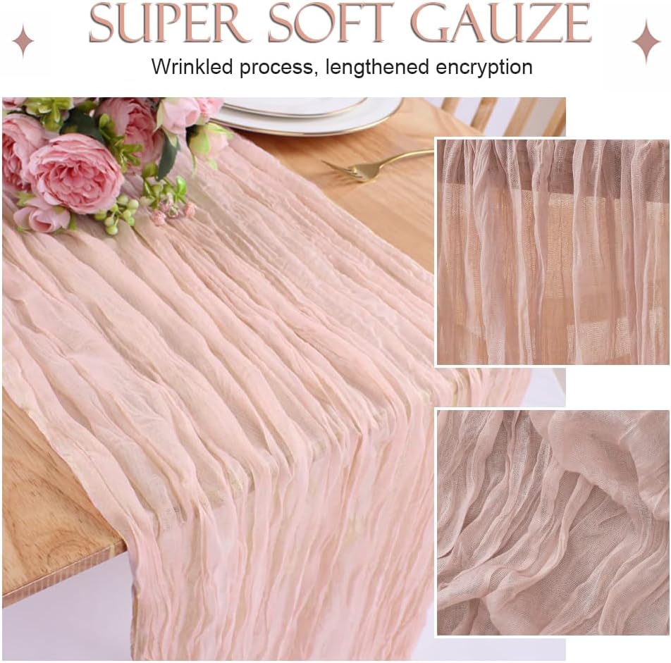 Chemin de table - gaze coton froissée rose 90x300cm style boho rustique