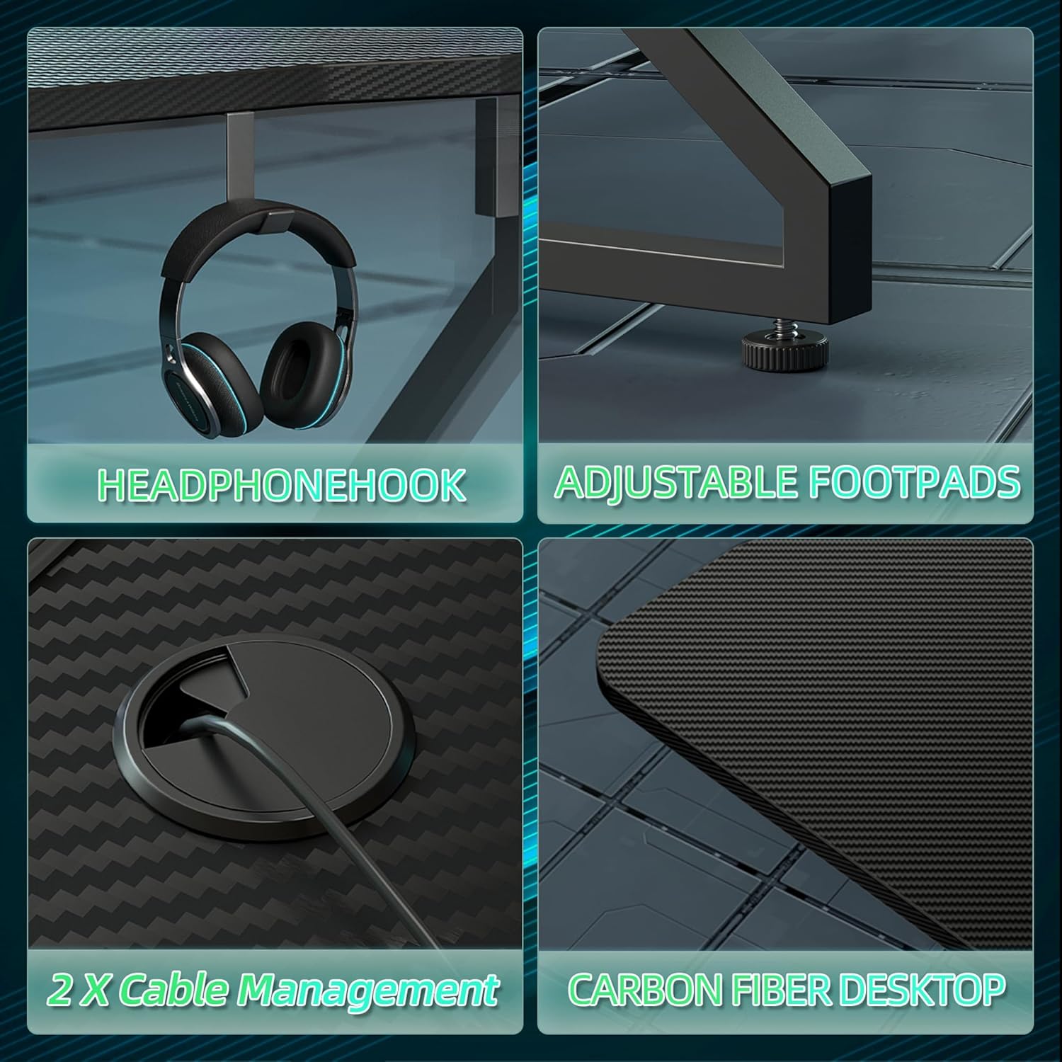 BEXEVUE - Armor - 120x50 cm - bureau gaming LED RGB, cadre Z, crochet casque