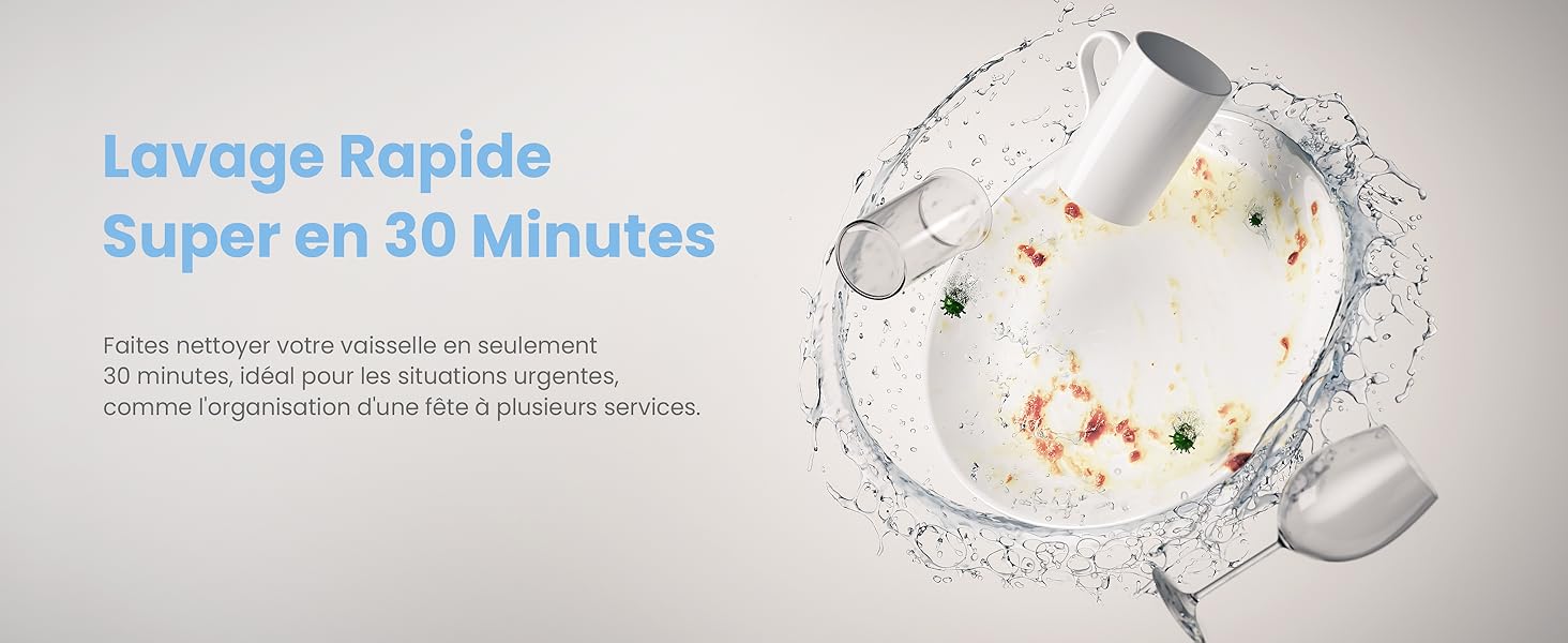 Le texte indique « Lavage Rapide Super en 5 minutes ». Récipient de lavage transparent avec effet d'éclaboussure d'eau et éléments flottants à l'intérieur.