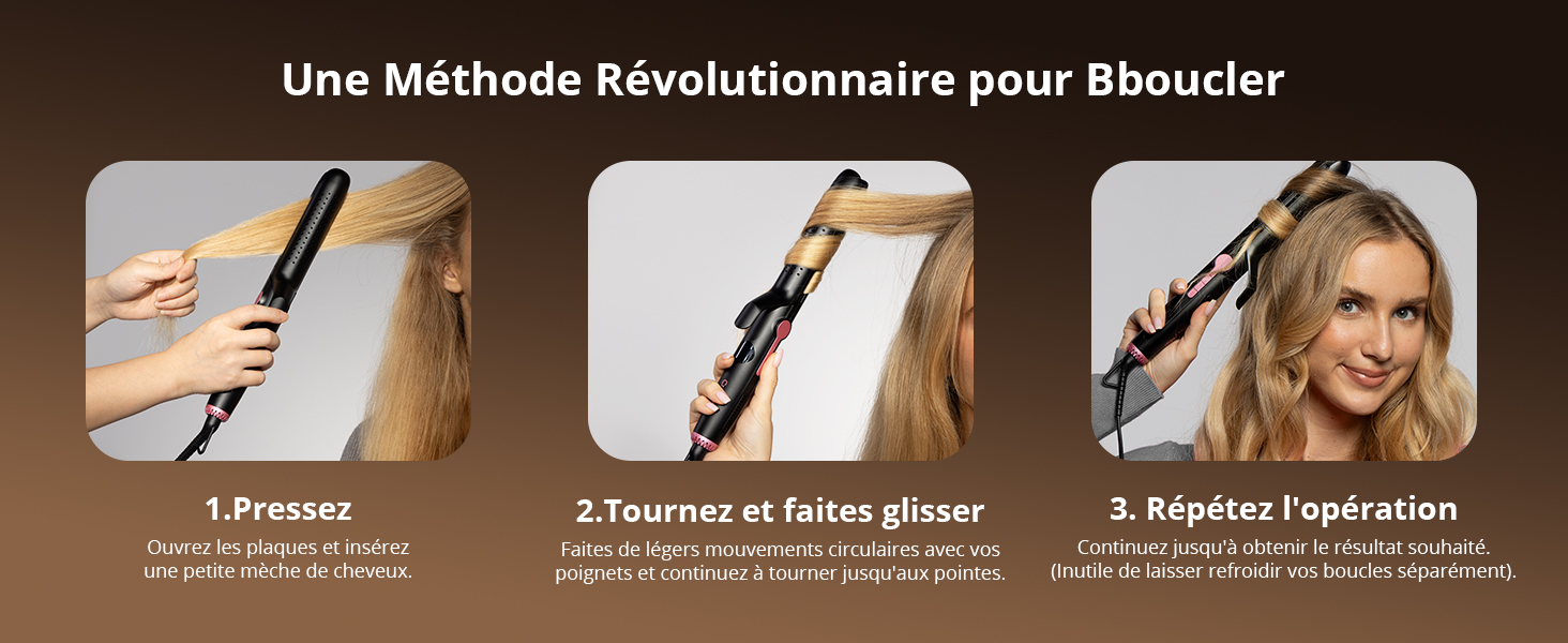 Le texte se lit comme suit : « Une méthode révolutionnaire pour Boucler ». Images pédagogiques séquentielles montrant les étapes de la coiffure avec des sections numérotées.